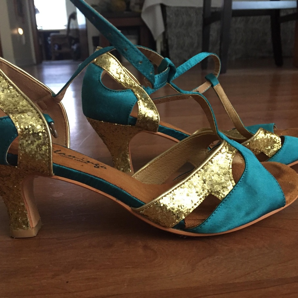 Turquoise, Gold Glitter Dance Shoes, 8.